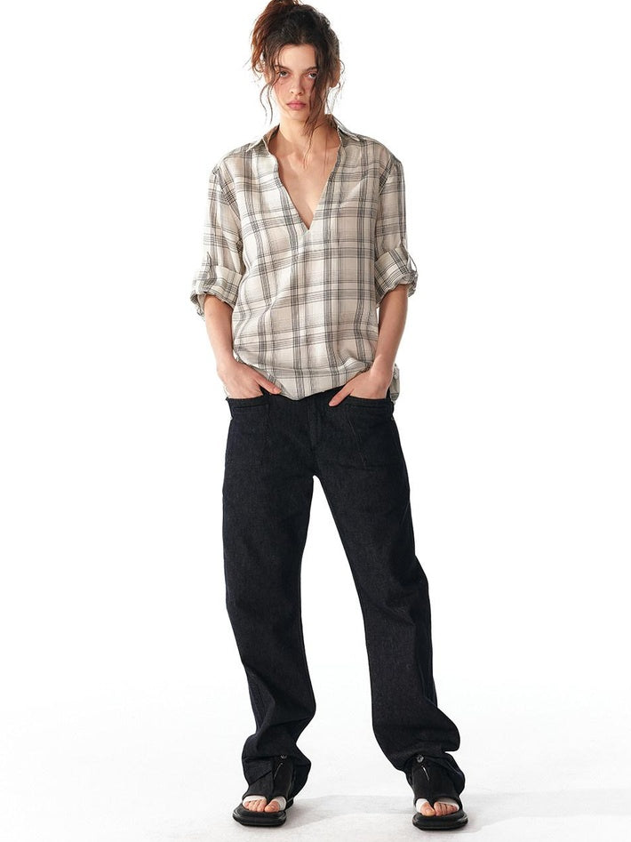 ALINNVSTUDIO Soft Lyocell Cupro Blend Oversized V-neck Button Front Plaid Casual Shirts