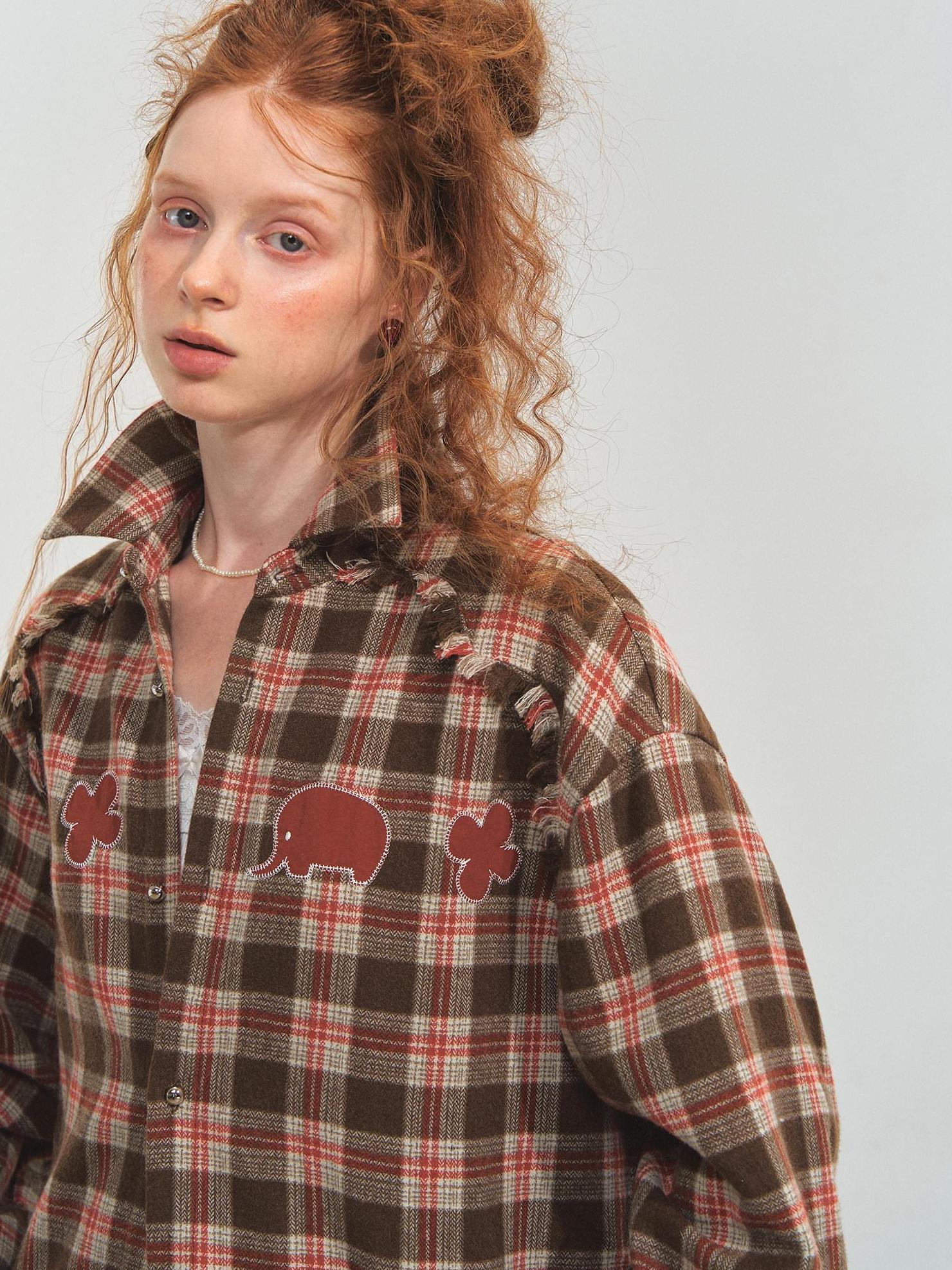 SOMESOWE Durable Fringe Plaid Loose Polo Collar Long Sleeve Women Wool Shirts