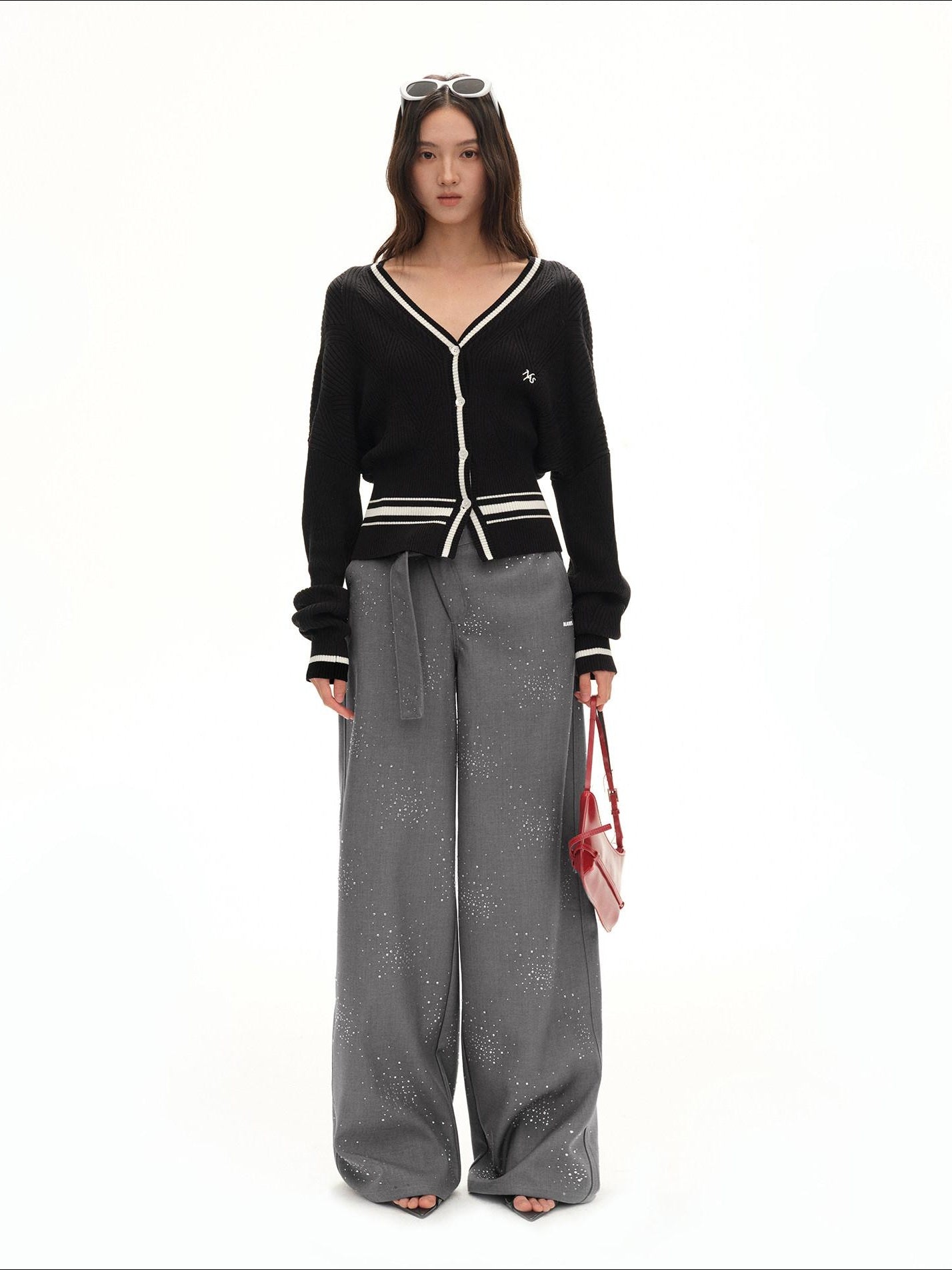 NAWSNOTAWEAR Rhinestone Low Rise Relaxed Women Button Closure Mist Gray Wide Leg Pants