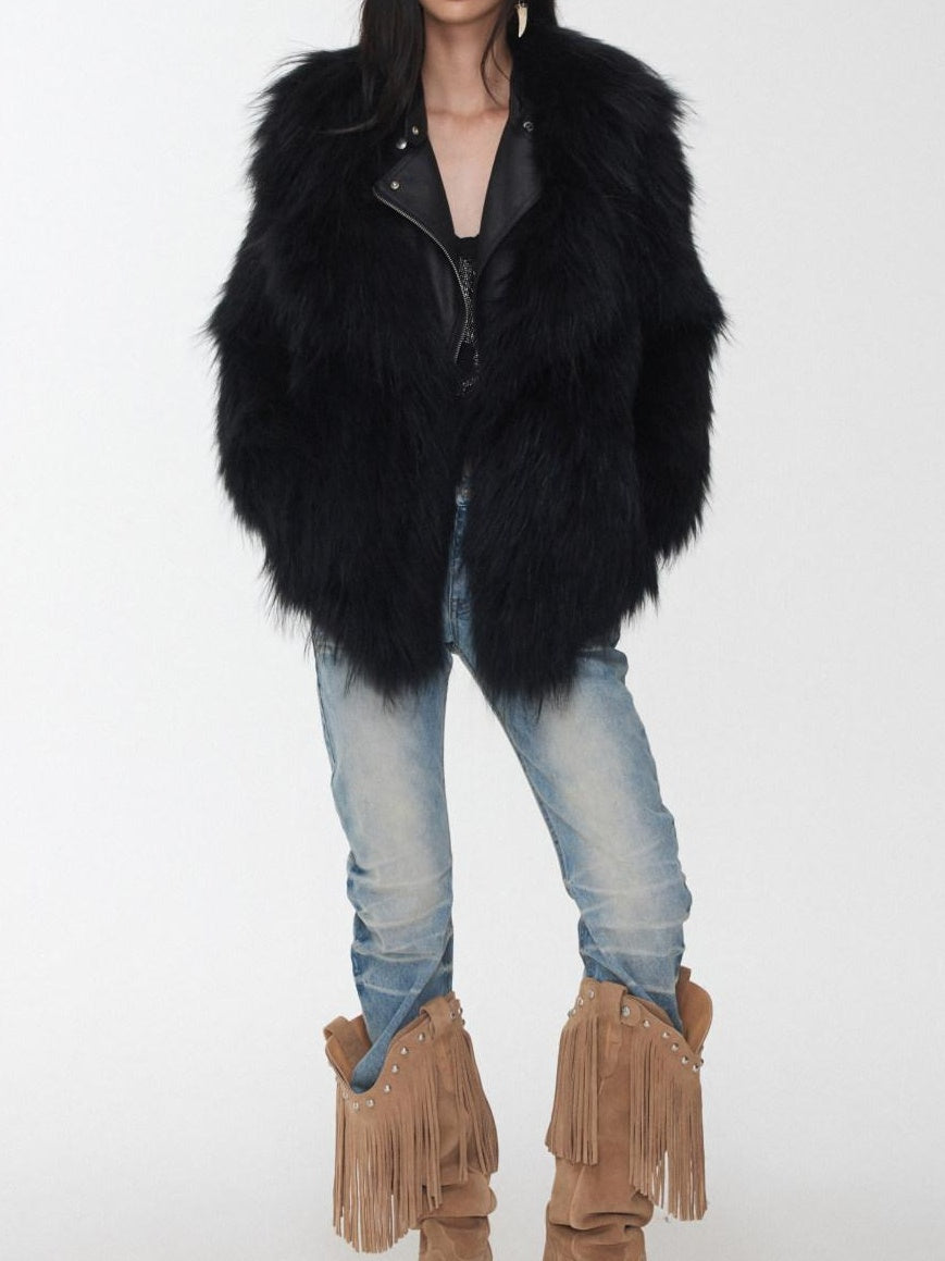 1JINN STUDIO Cozy Woven Cropped Cinched Waist Lapel Long Sleeve Young Women Faux Fur Coats