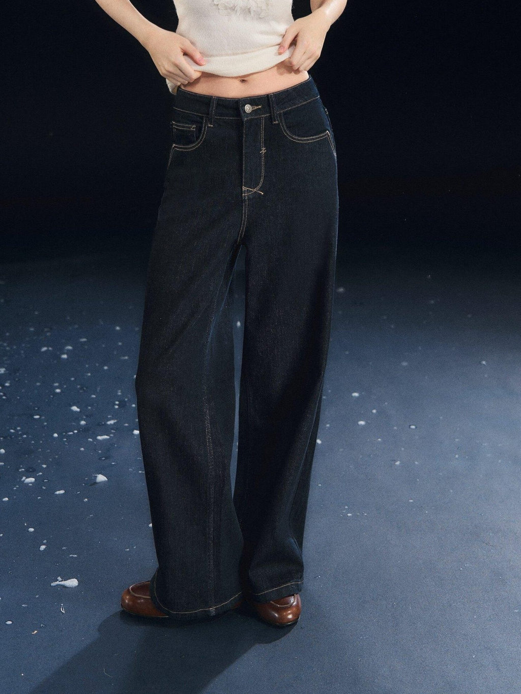SOMESOWE High Rise Stretch Pleated Pocket Women Dark Cotton Denim Straight Leg Jeans