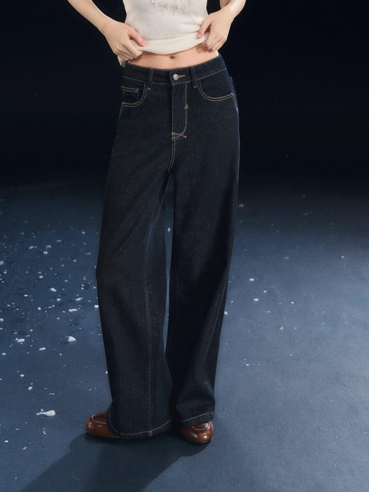 SOMESOWE High Rise Stretch Pleated Pocket Women Dark Cotton Denim Straight Leg Jeans