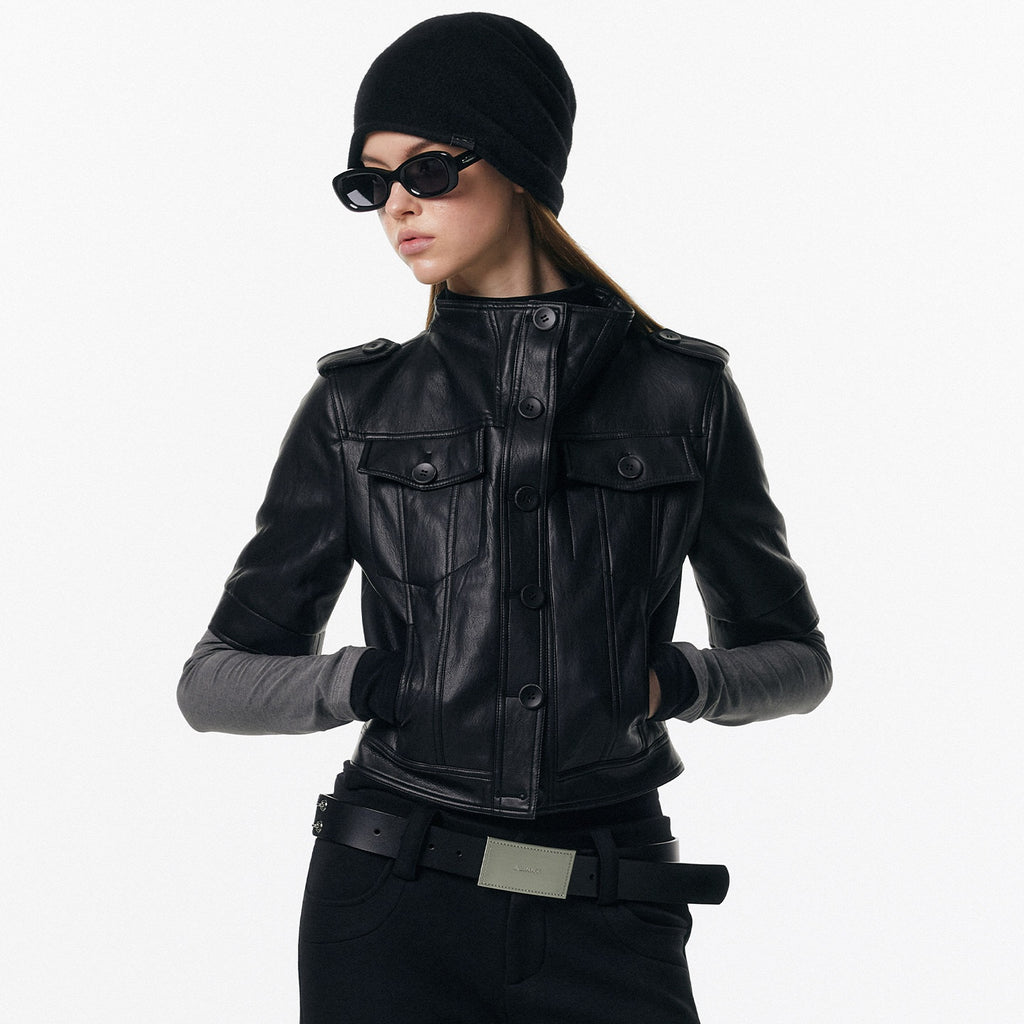 ALINNVSTUDIO_Sleek_Pu_Slim_Fit_Cropped_Short_Sleeve_Stand_Collar_Women_Leather_Jackets_MISSTT