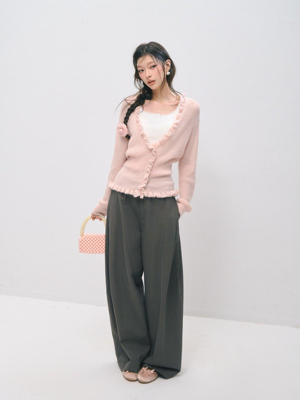 SOMESOWE Soft Acrylic Blend Casual Regular Fit Crewneck Buttoned Women Pink Cardigans