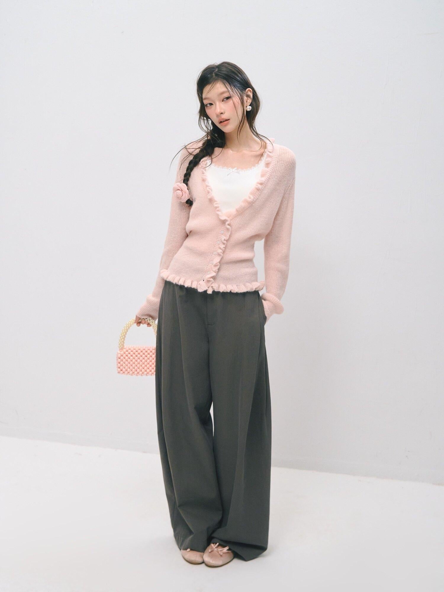 SOMESOWE Soft Acrylic Blend Casual Regular Fit Crewneck Buttoned Women Pink Cardigans