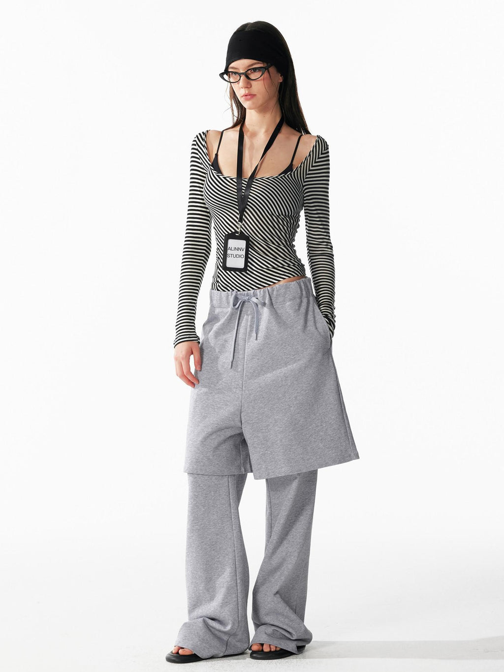 ALINNVSTUDIO Cozy Drawstring Layered Faux Two Piece Relaxed Low Rise Teen Casual Sweatpants