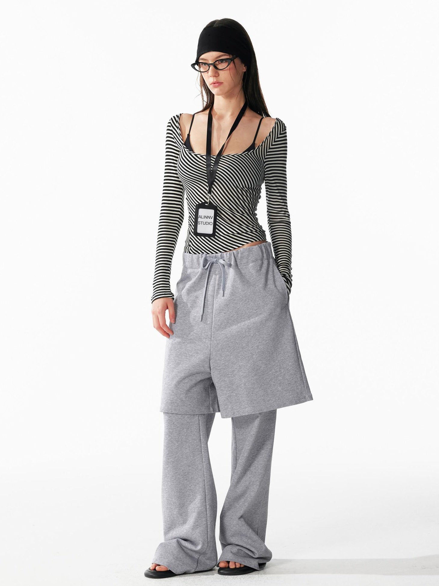ALINNVSTUDIO Cozy Drawstring Layered Faux Two Piece Relaxed Low Rise Teen Casual Sweatpants