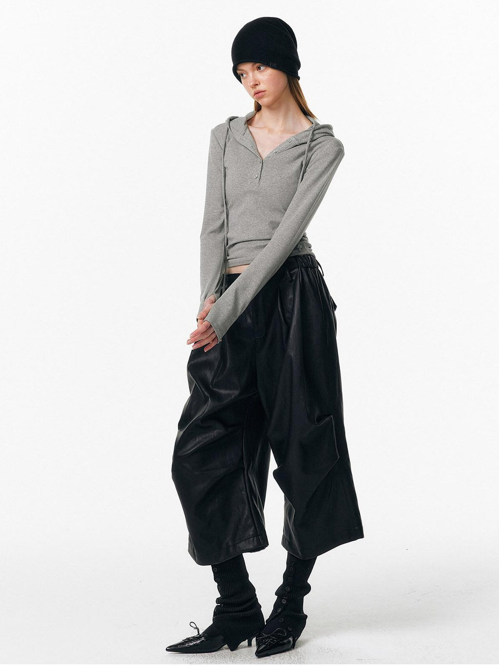 ALINNVSTUDIO Pu Pleated Low Waist Button Fly Irregular Fold Casual Women Black Wide Leg Pants