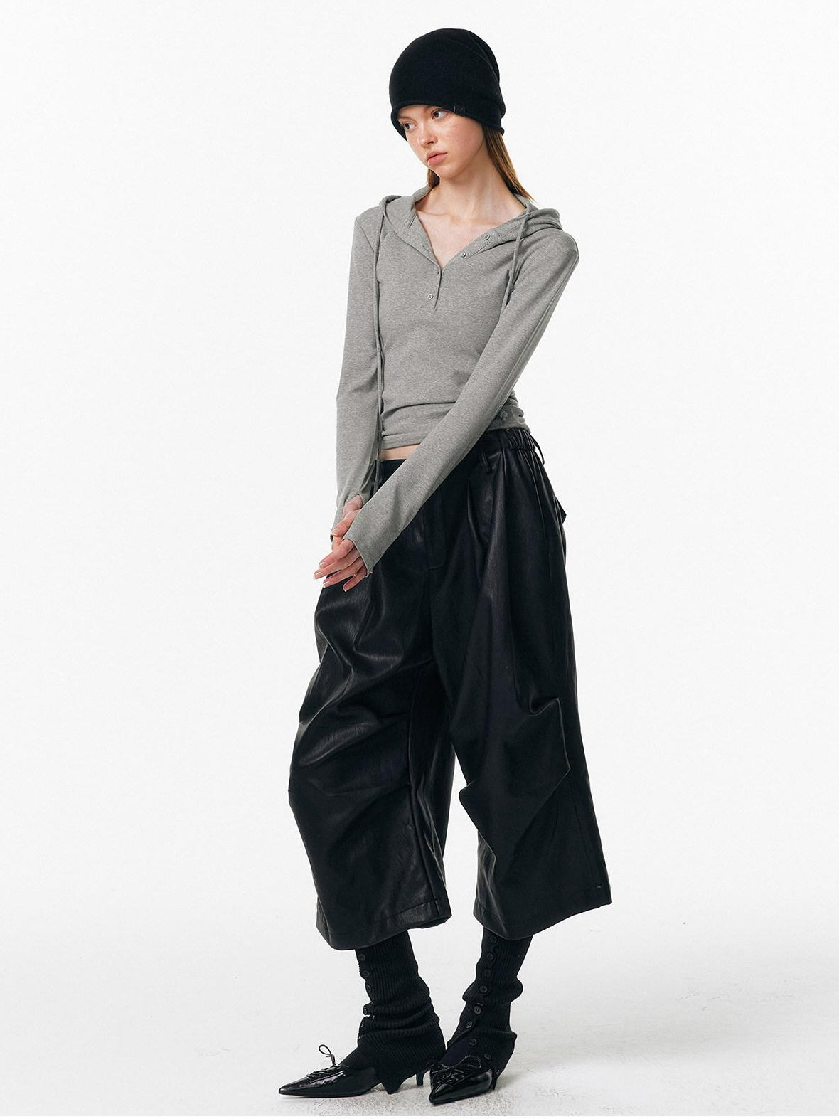 ALINNVSTUDIO Pu Pleated Low Waist Button Fly Irregular Fold Casual Women Black Wide Leg Pants