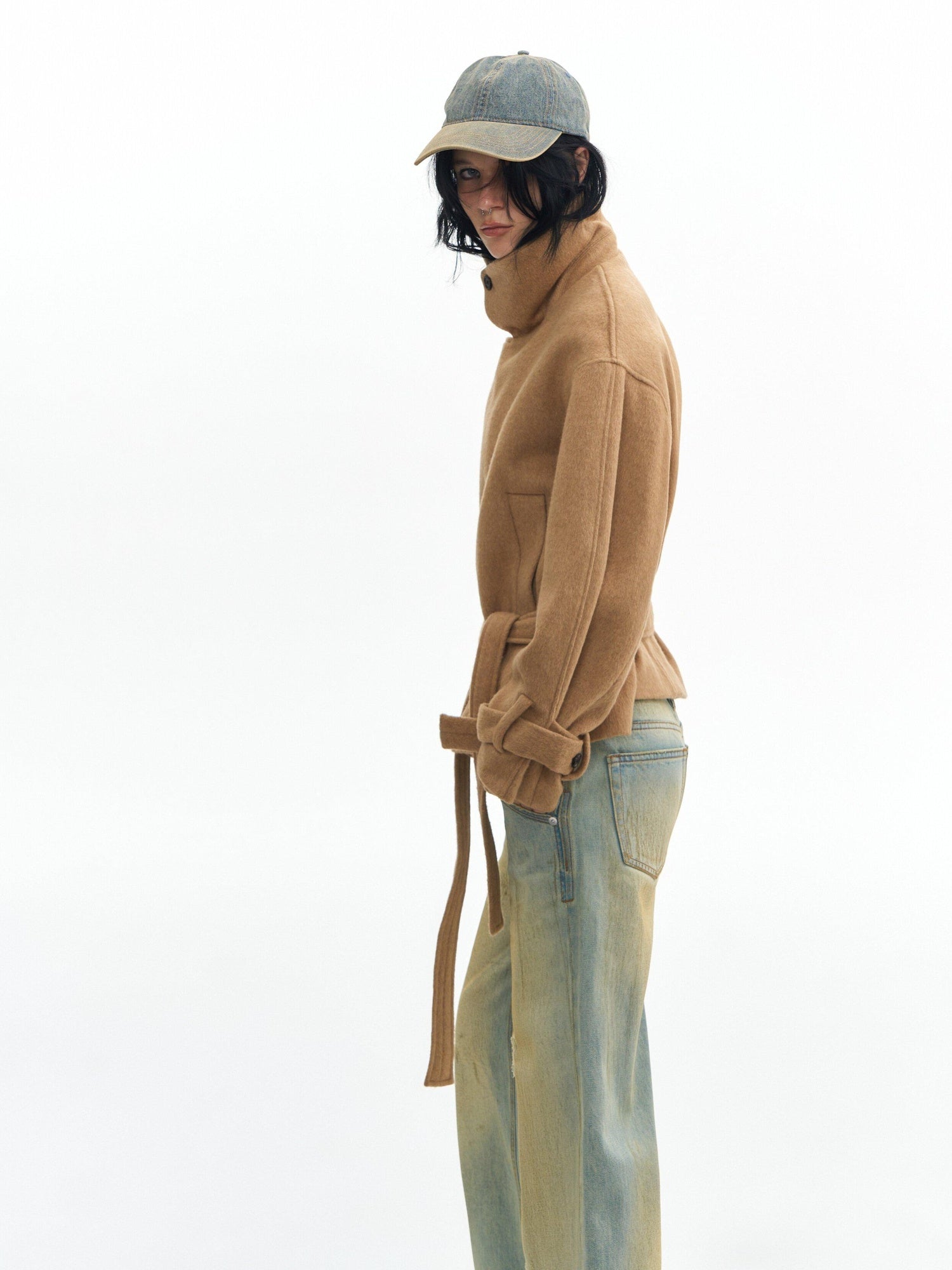 DeleteEx Thick Half Wool Blend American Cropped Lapel Young Women Khaki Wool Coats