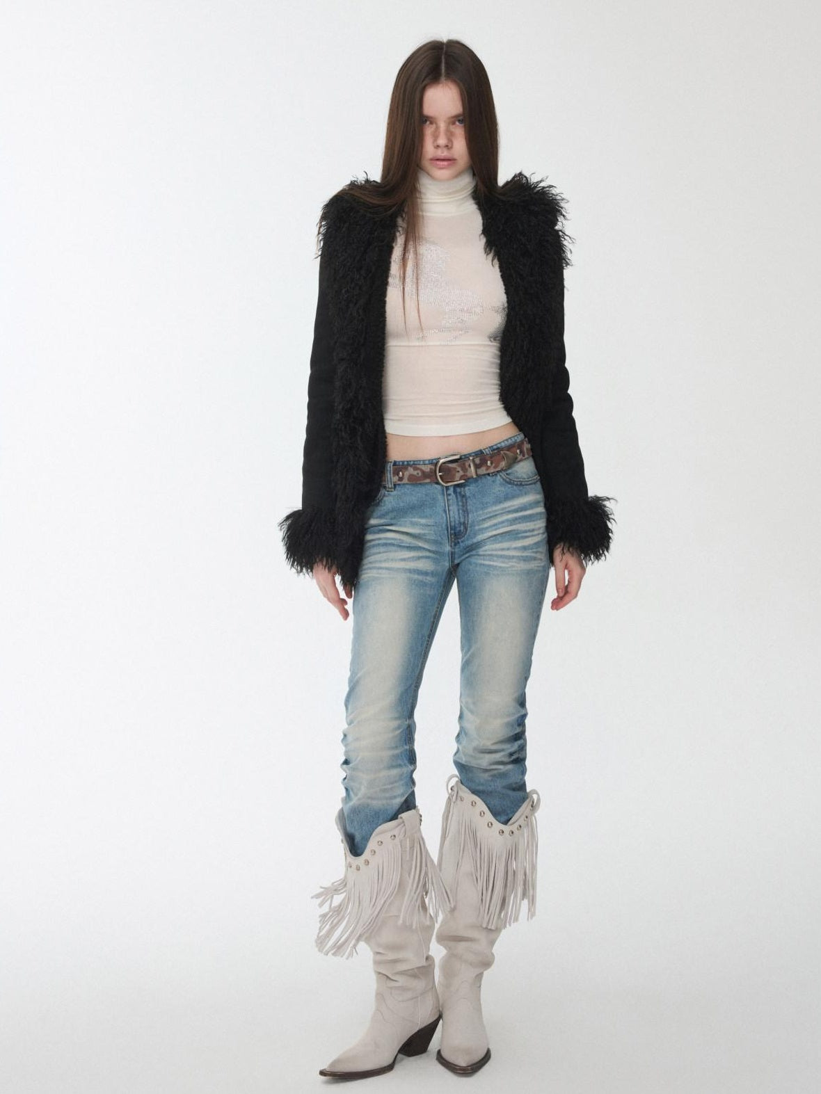 1JINN STUDIO Cozy Cropped Slim Fit Casual Crew Neck Women Black Camel Faux Fur Coats