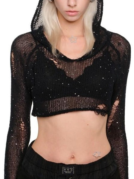 1JINN STUDIO Ripped Hooded Slim Fit Sweet Pullover Women Solid Long Sleeve Crop Tops