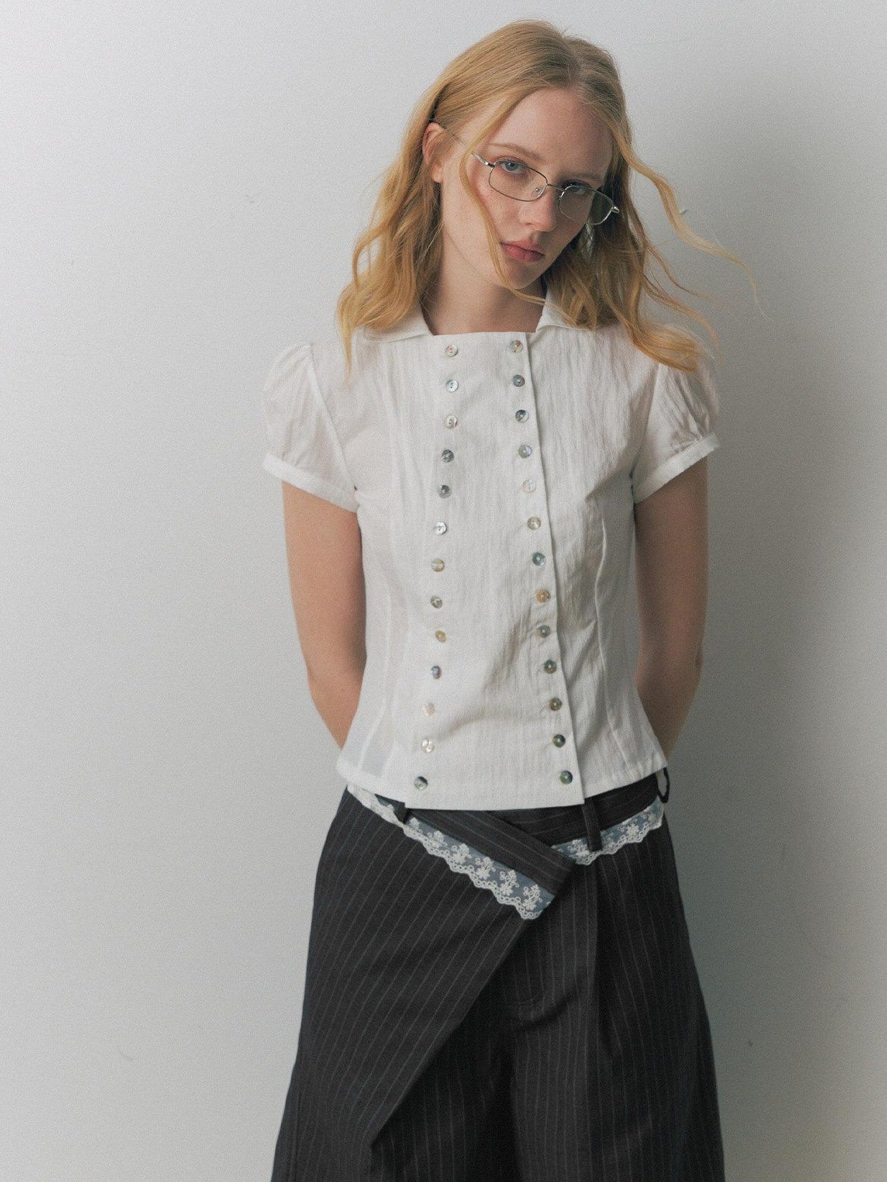 DeleteEx Breathable Girly Cropped Cinched Waist Crewneck Short Sleeve Blouses