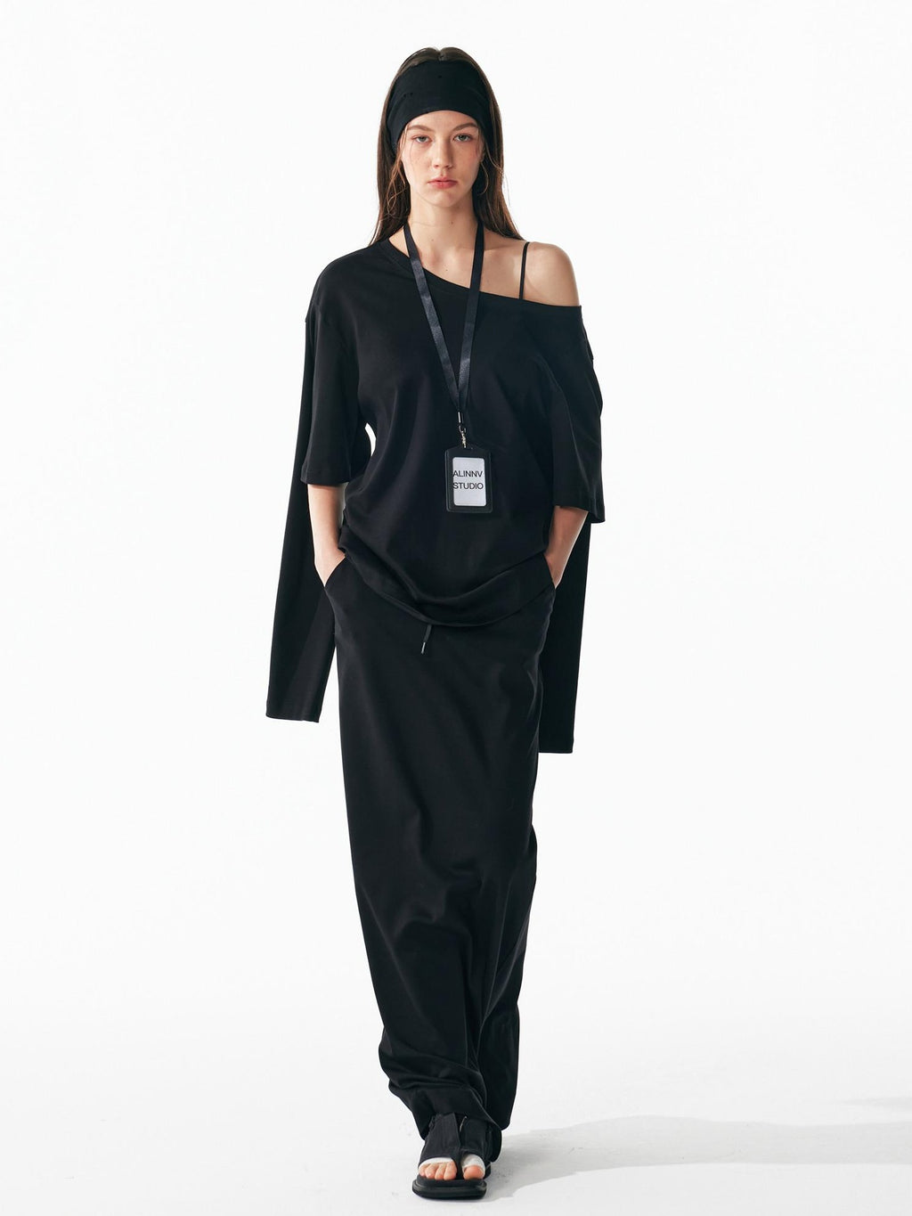 ALINNVSTUDIO Vintage Asymmetric Off Shoulder Loose Cotton Women Black Top & Skirt Sets