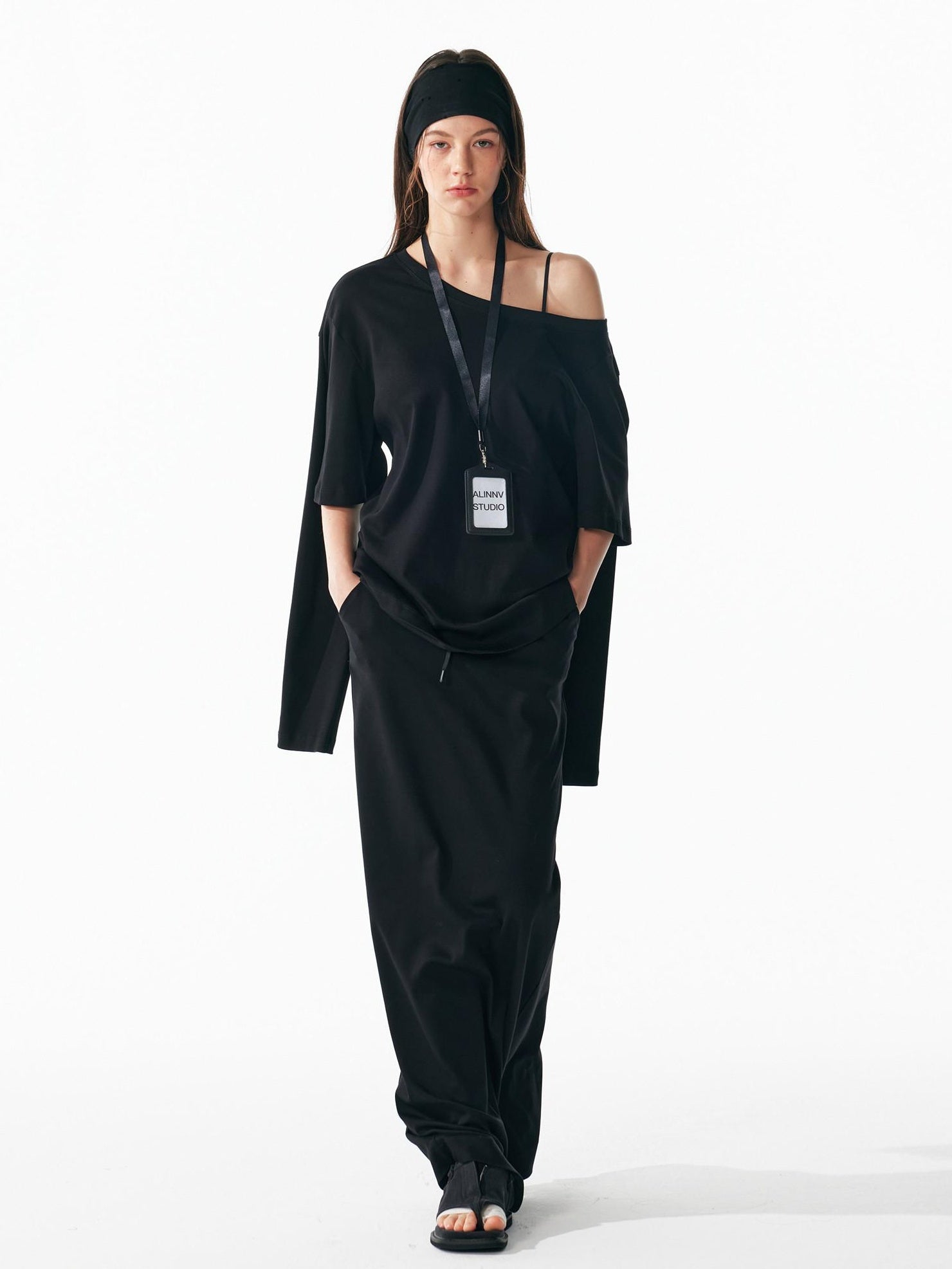 ALINNVSTUDIO Vintage Asymmetric Off Shoulder Loose Cotton Women Black Top & Skirt Sets