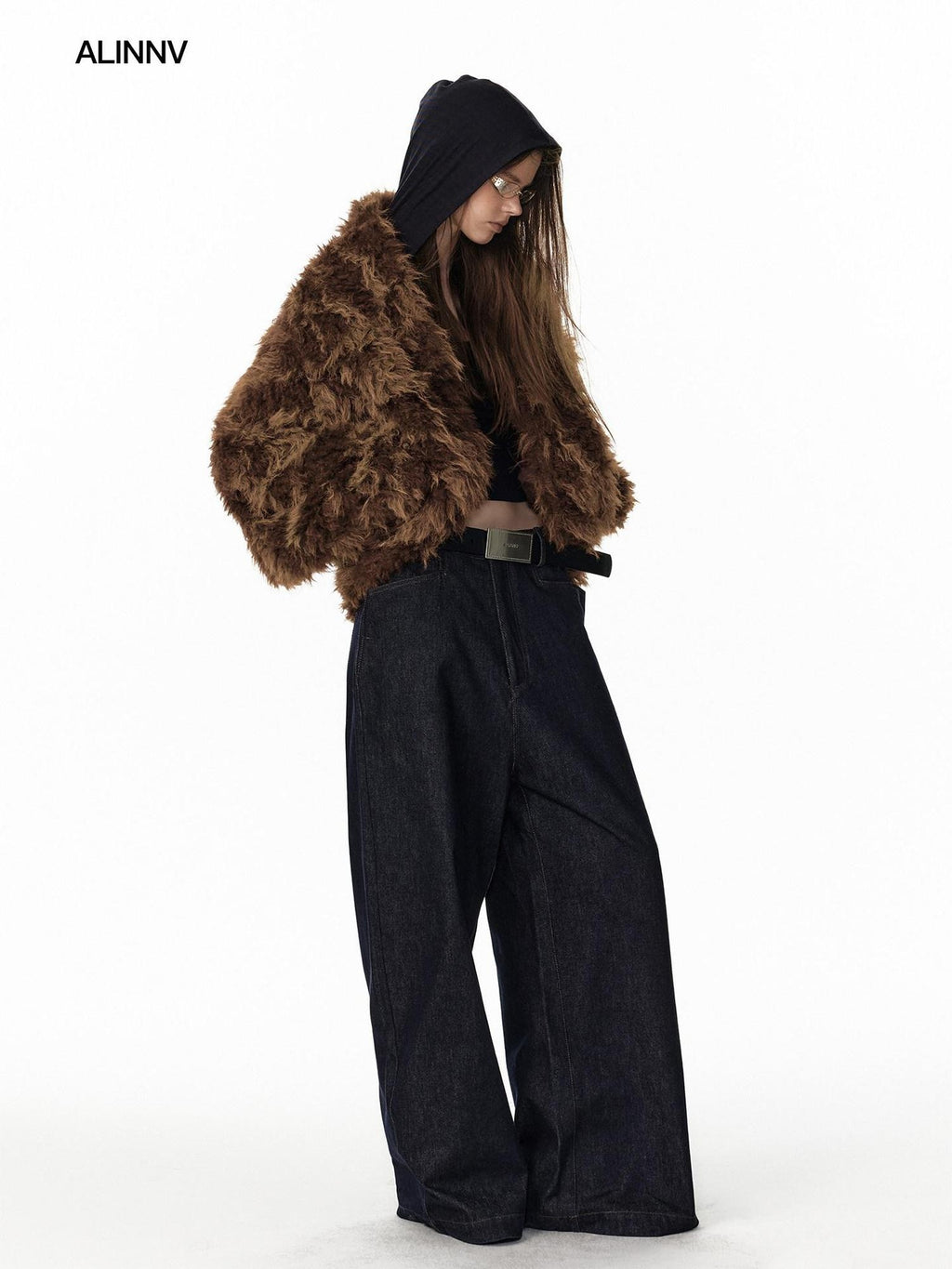 ALINNVSTUDIO Faux Fur Cropped Oversized Workwear Women Floral Pattern Leather Jackets