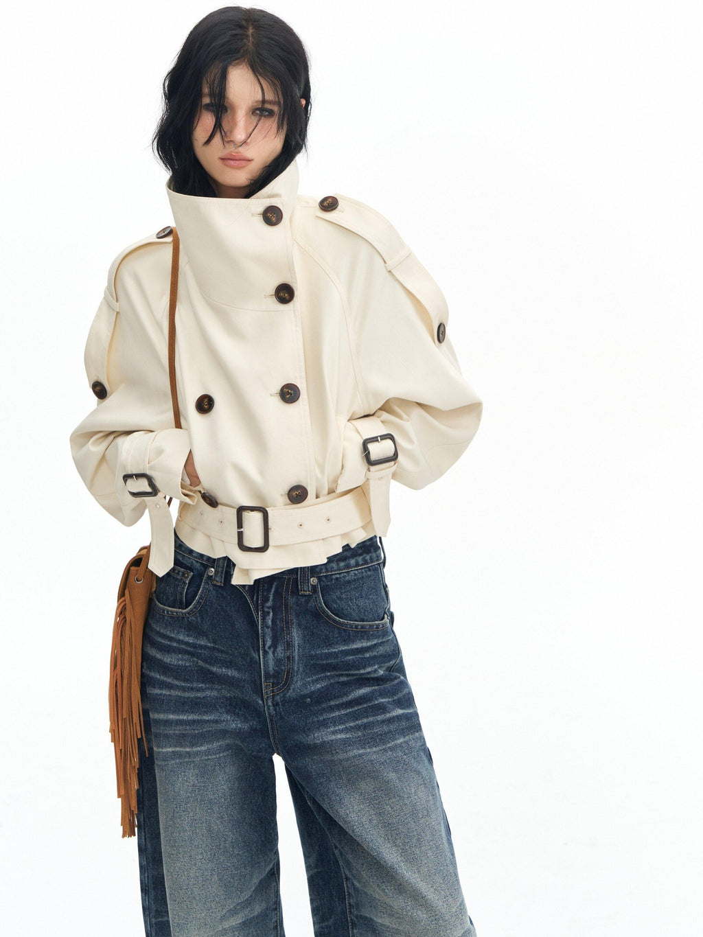 DeleteEx Cotton Blend Stand Collar Short Double Breasted London Off White Trench Coats