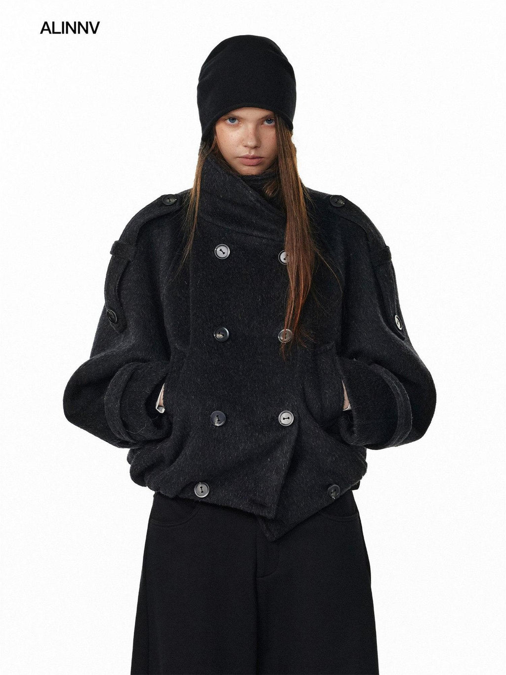 ALINNVSTUDIO Double Breasted Short Loose Lapel Commuter Women Thick Black Gray Wool Coats