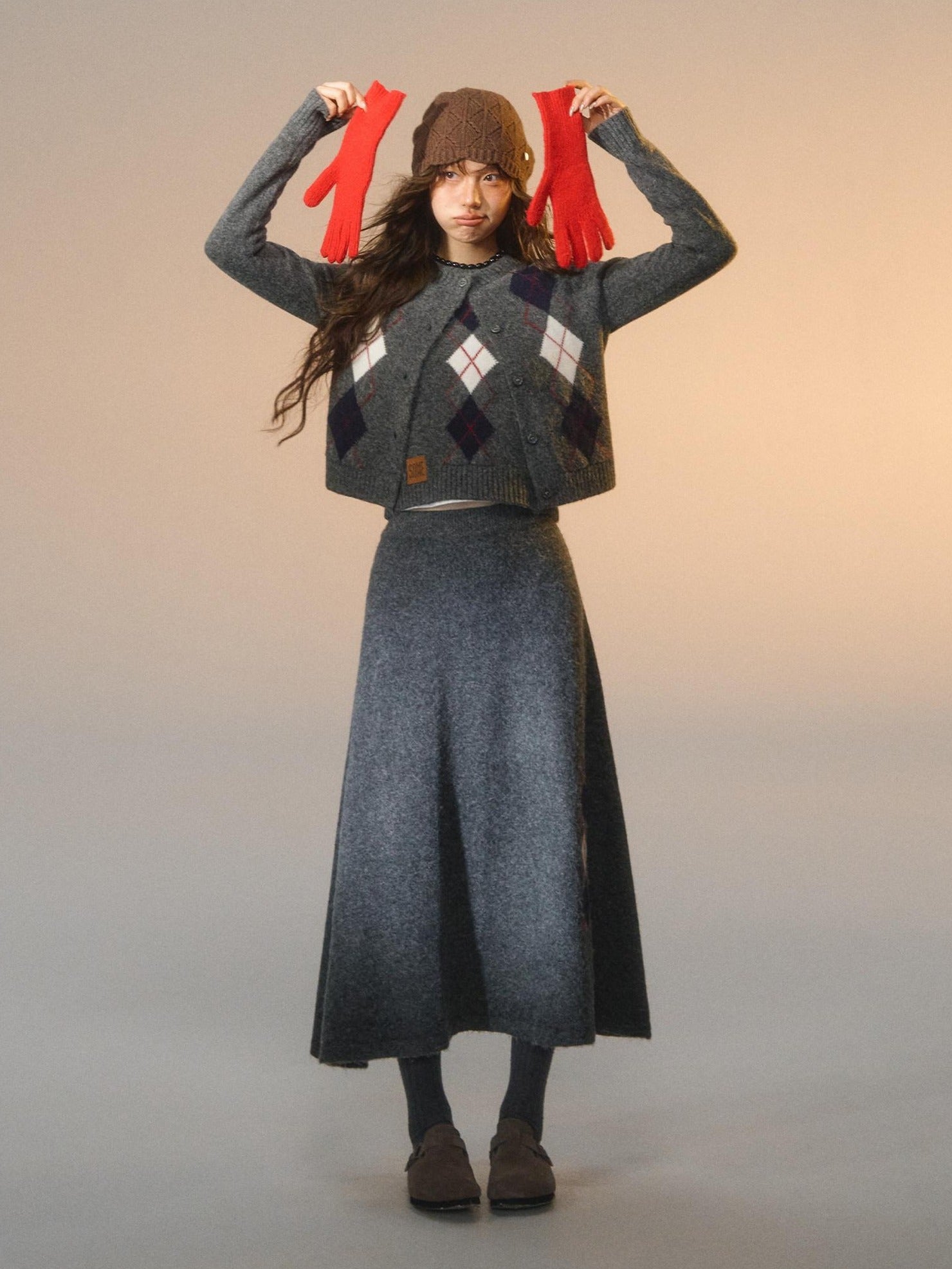 SOMESOWE Embroidered Plaid Slim Fit Long Sleeve Crew Neck Women Casual Top & Skirt Sets