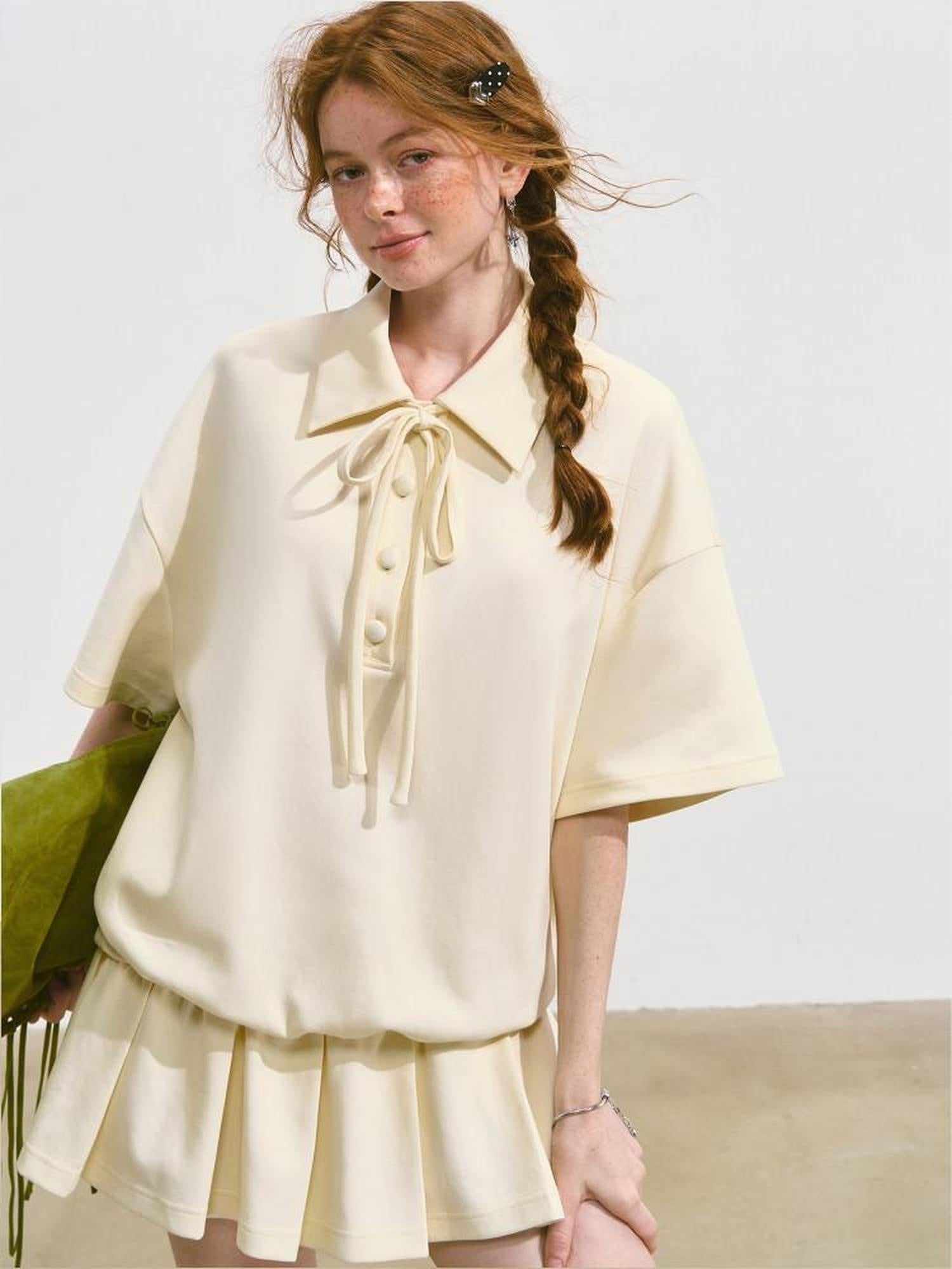 SOMESOWE Cotton Blend Minimal Tie A Line Tee Office Beige Mini Dresses