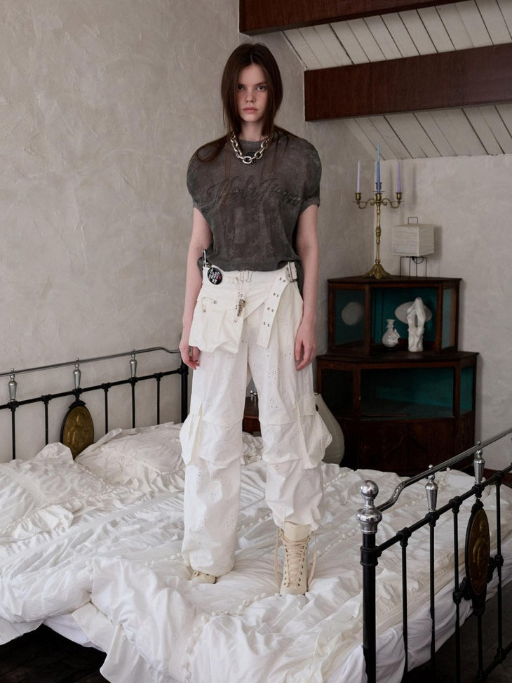 1JINN STUDIO Versatile Minimal Loose Flared Low Rise Zip Fly Cotton Jacquard Cargo Pants