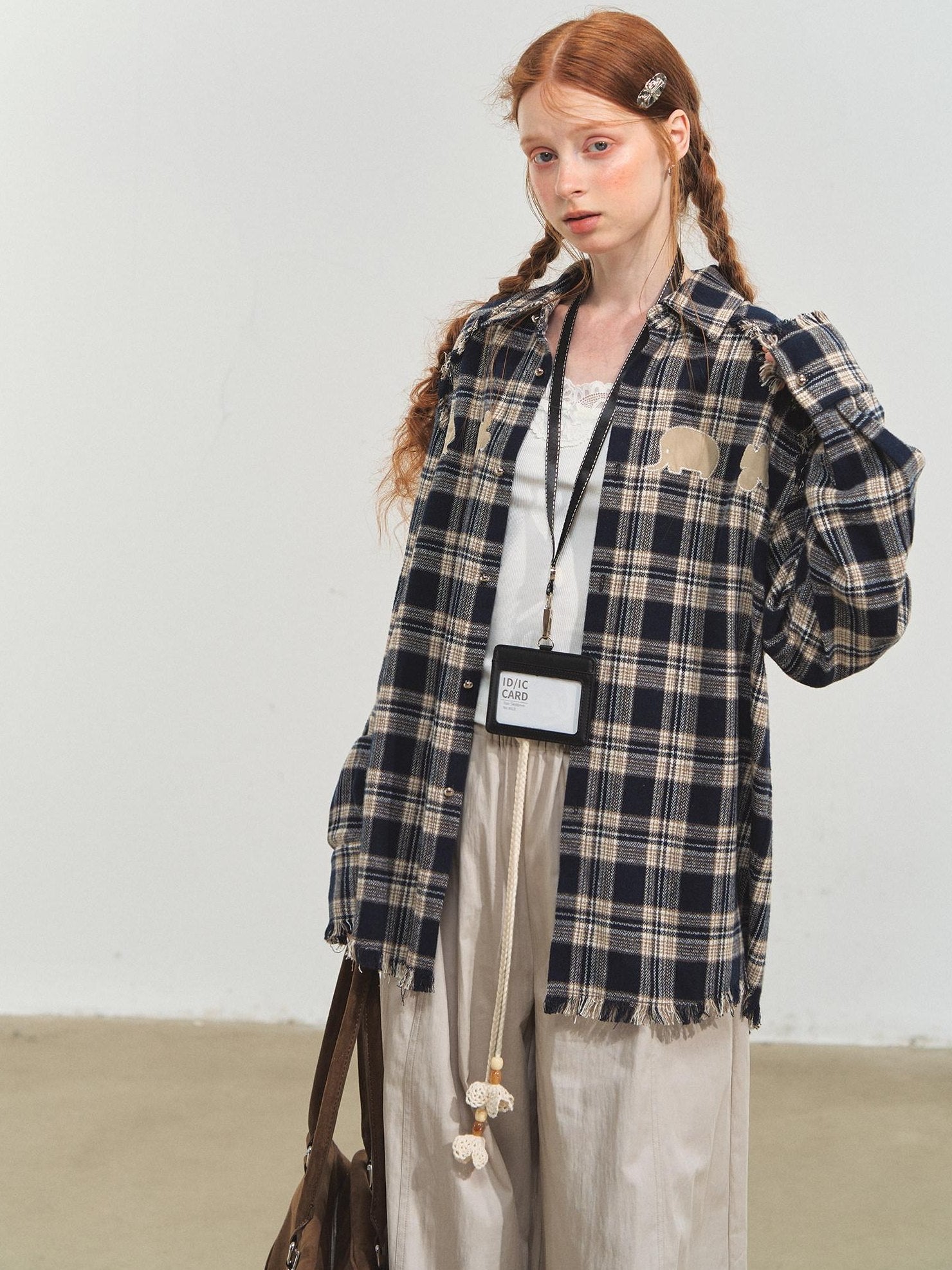 SOMESOWE Durable Fringe Plaid Loose Polo Collar Long Sleeve Women Wool Shirts