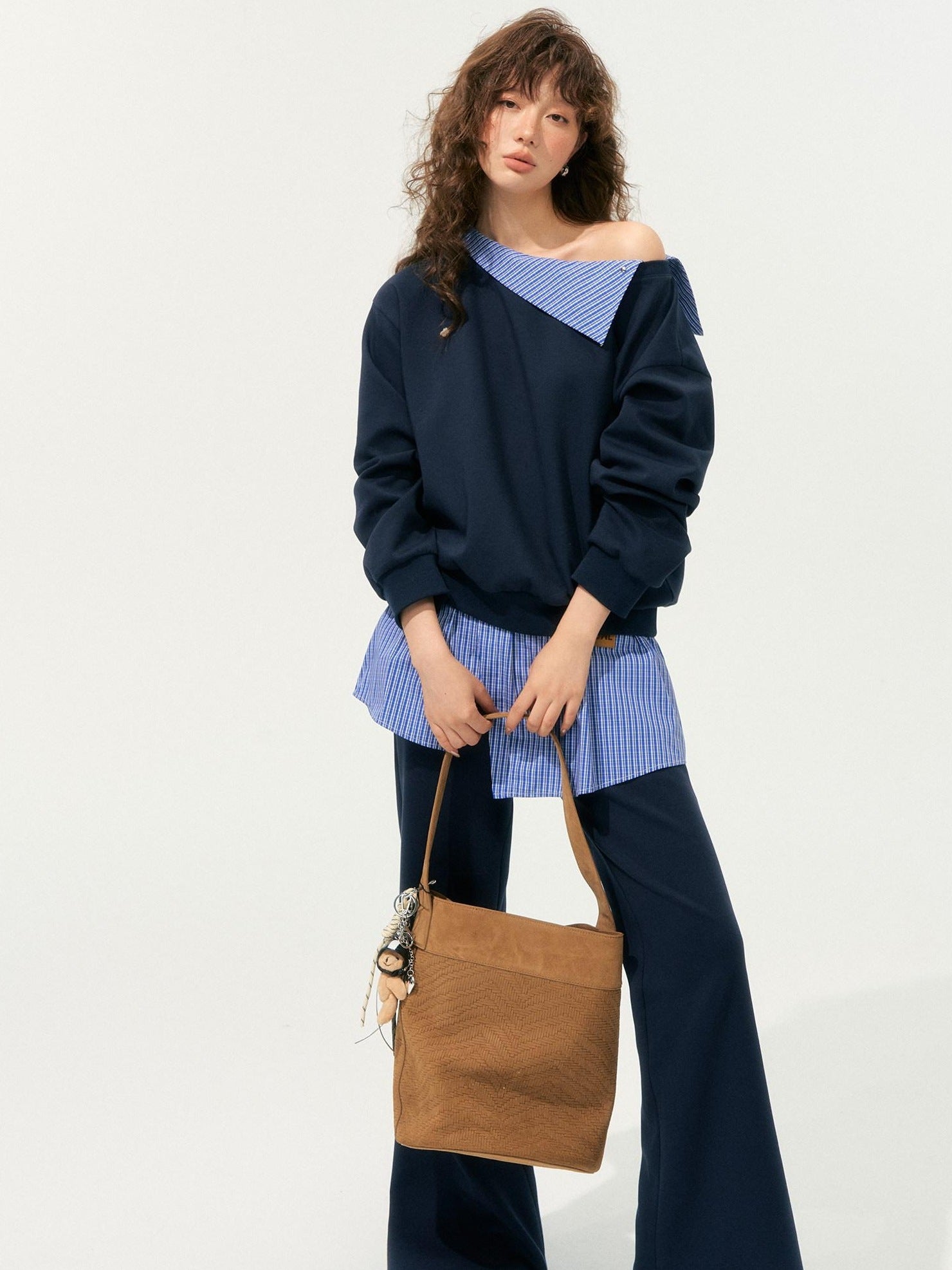 SOMESOWE Patchwork Cropped Oversized Collared Sweatshirt Heather Grey Top & Pants Sets