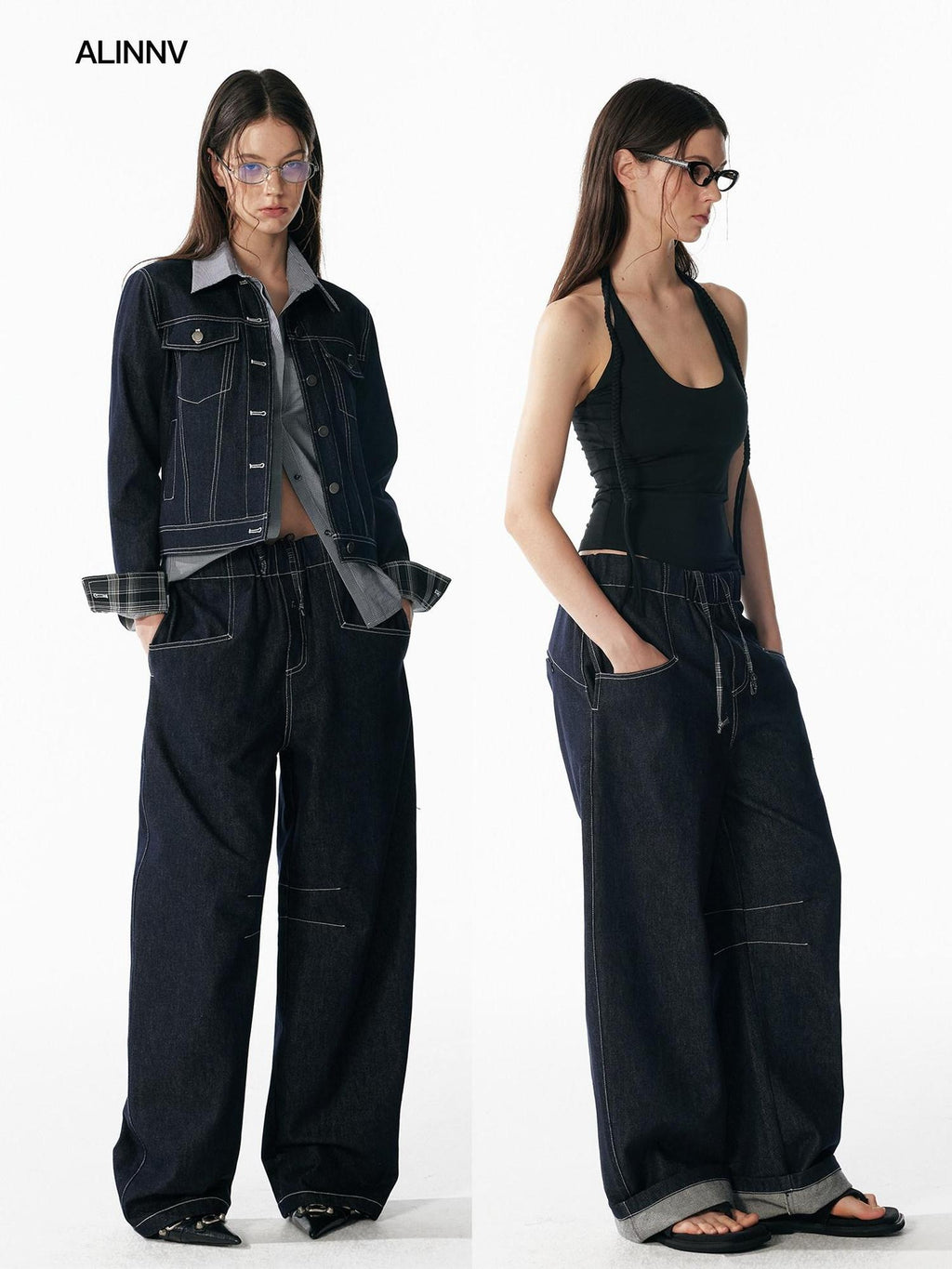 ALINNVSTUDIO Relaxed Fit Cotton Natural Waist Topstitch Deep Indigo Women Wide Leg Jeans