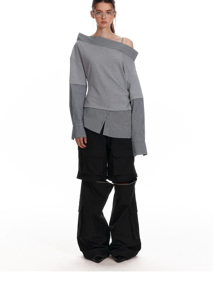 ALINNVSTUDIO Original Loose Slant Collar Cotton Stretch Pullover Women Long Sleeve T-Shirts