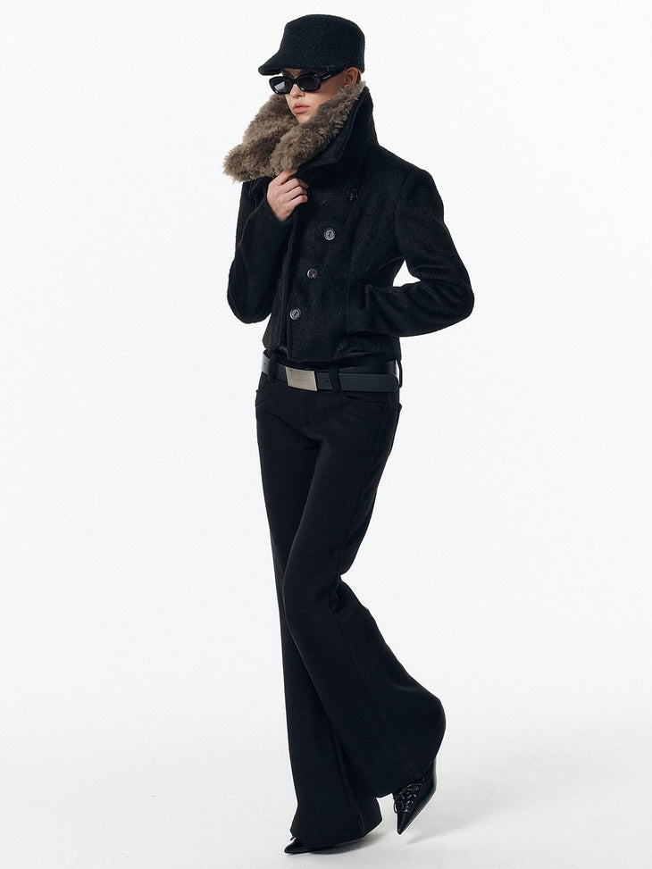 ALINNVSTUDIO Warm Low Rise Casual Zip Fly Slight Stretch Black Women Flared Pants