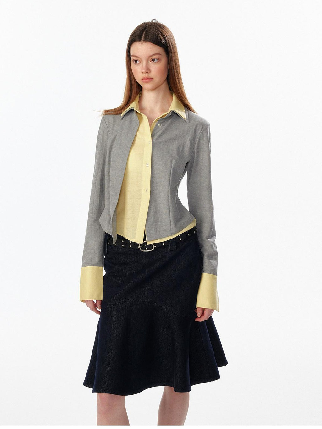 ALINNVSTUDIO Colorblock Faux Layered Slim Waist Cropped Cardigan Longsleeve Womens Shirts