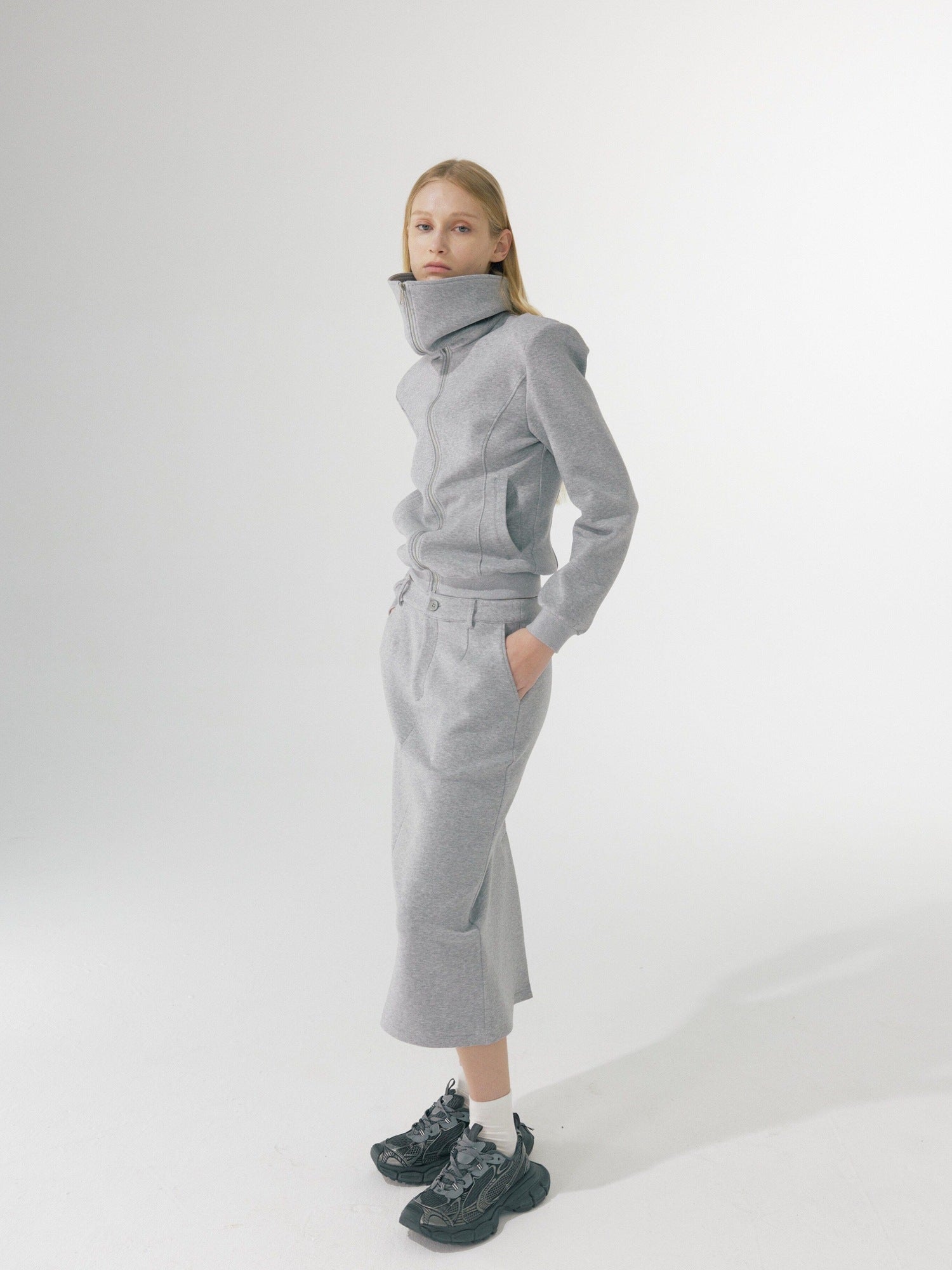 BUZHOU Zip Stand Collar Long Sleeve Stretch Cotton Commuter Grey Women Top & Skirt Sets