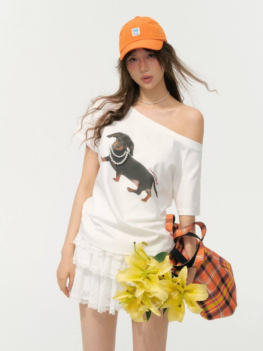 SOMESOWE Stretch Cotton Oversized Asymmetric Neck Animal Embroidered Short Sleeve T-Shirts