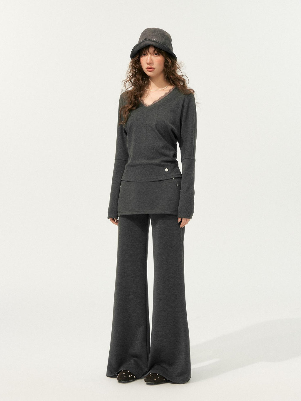 SOMESOWE Cozy Knit V-neck Cropped Batwing Top Loose Straight Pants Top & Pants Sets