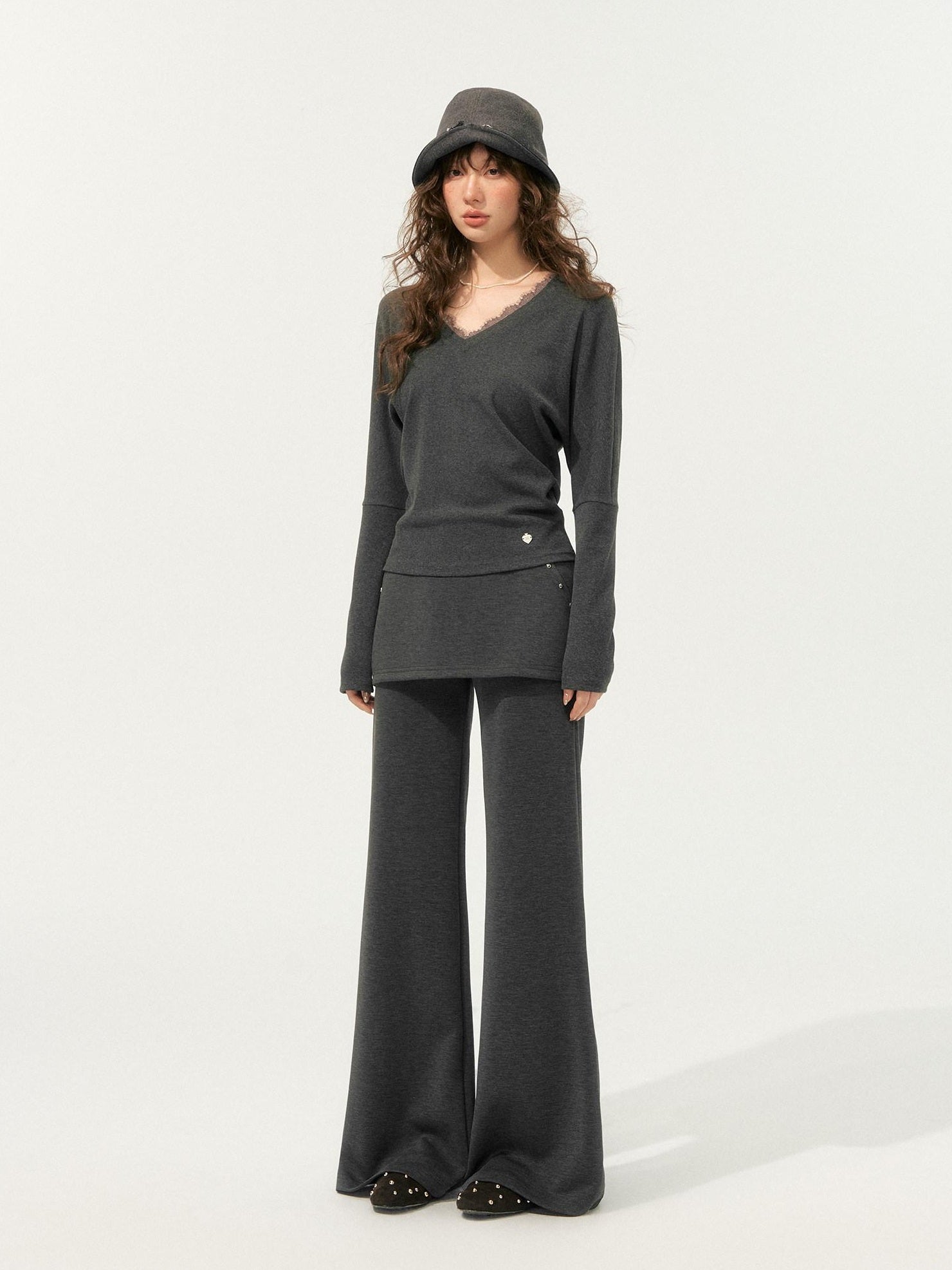 SOMESOWE Cozy Knit V-neck Cropped Batwing Top Loose Straight Pants Top & Pants Sets