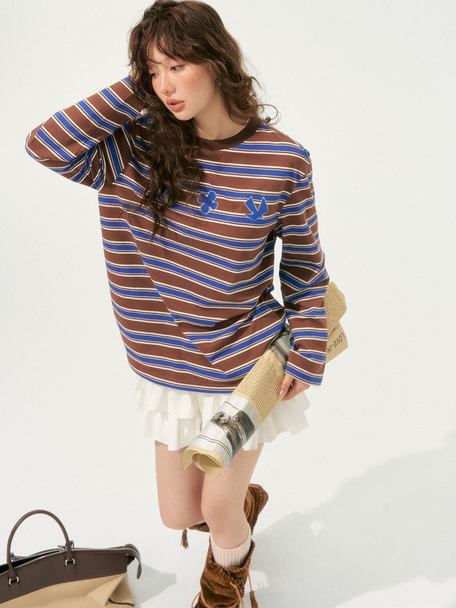 SOMESOWE Creative Embroidered Print Loose Crewneck Women Striped Long Sleeve T-Shirts