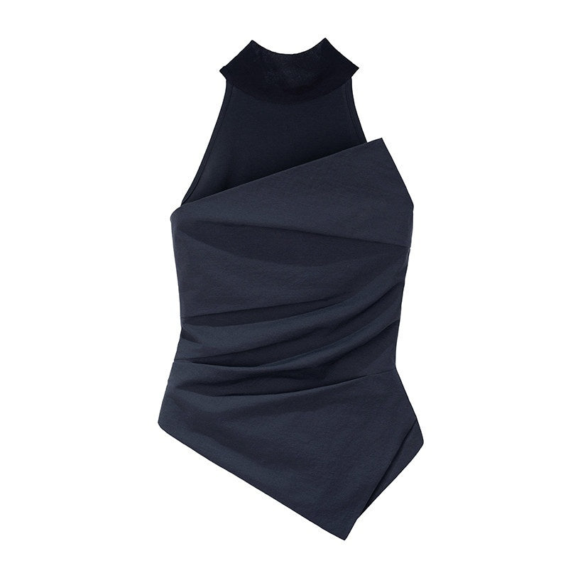 someonesometimes_Slim_Cutout_Ruched_Tie_Front_Korean_Casual_Navy_Poly_Tank_Tops_MISSTT