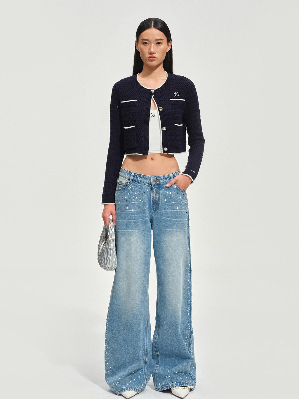 NAWSNOTAWEAR Rhinestone Embellished Vintage Low Waist Glacier Blue Wide Leg Jeans