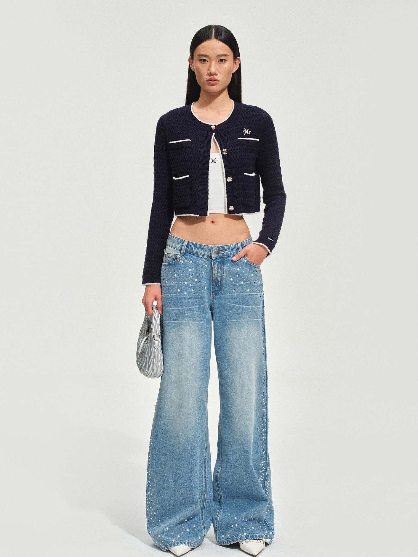NAWSNOTAWEAR Rhinestone Embellished Vintage Low Waist Glacier Blue Wide Leg Jeans