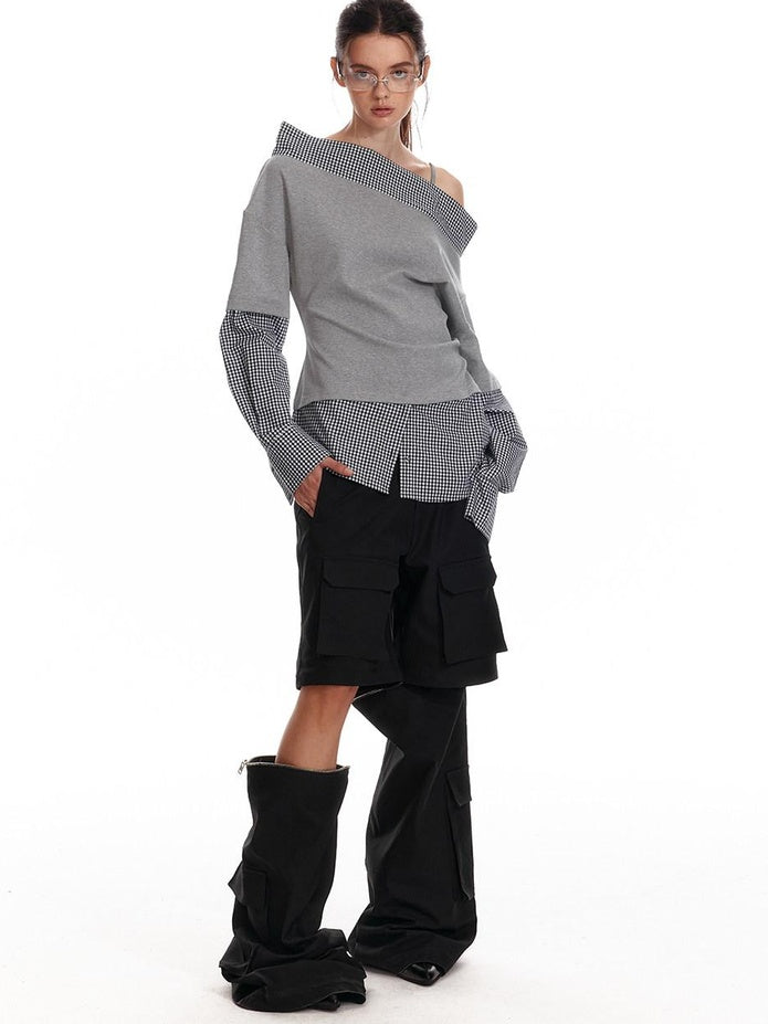 ALINNVSTUDIO Original Loose Slant Collar Cotton Stretch Pullover Women Long Sleeve T-Shirts