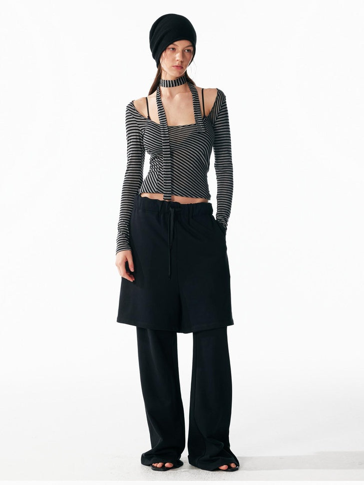 ALINNVSTUDIO Wool Blend Slim Fit Cropped Crewneck Striped Women Long Sleeve T-Shirts