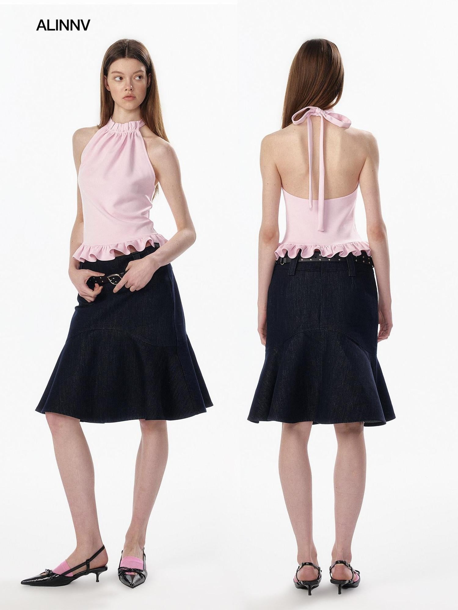 ALINNVSTUDIO Ruffle Trim Cropped Fitted Waist Halter Mock Neck Women Modal Blend Tank Tops