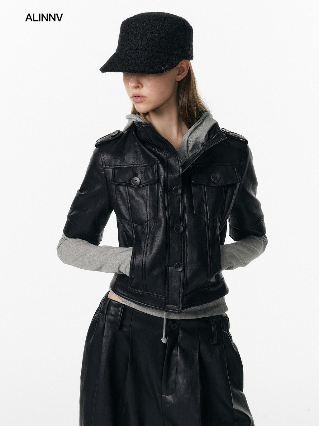 ALINNVSTUDIO Sleek Pu Slim Fit Cropped Short Sleeve Stand Collar Women Leather Jackets