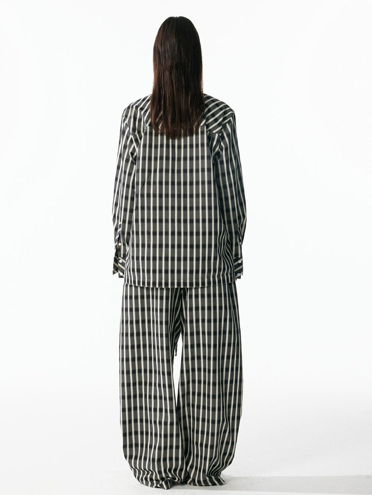 ALINNVSTUDIO Minimalist Loose Fit Square Neck Plaid Pullover Women Top & Pants Sets