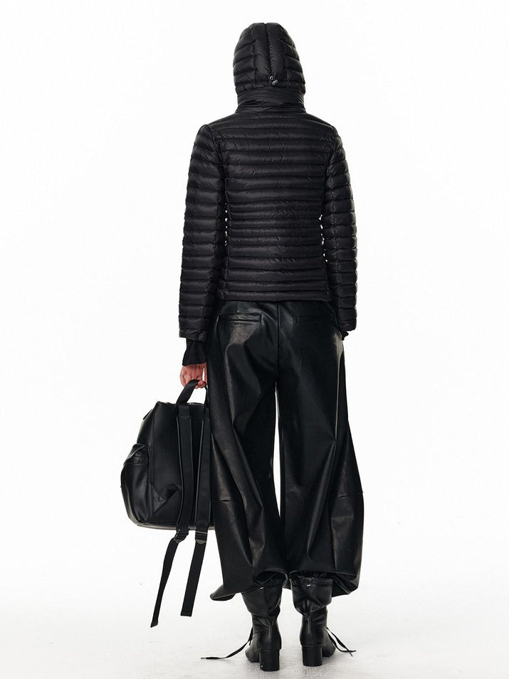 ALINNVSTUDIO Pu Leather Utility Natural Waist Curved Seam Black Women Wide Leg Pants