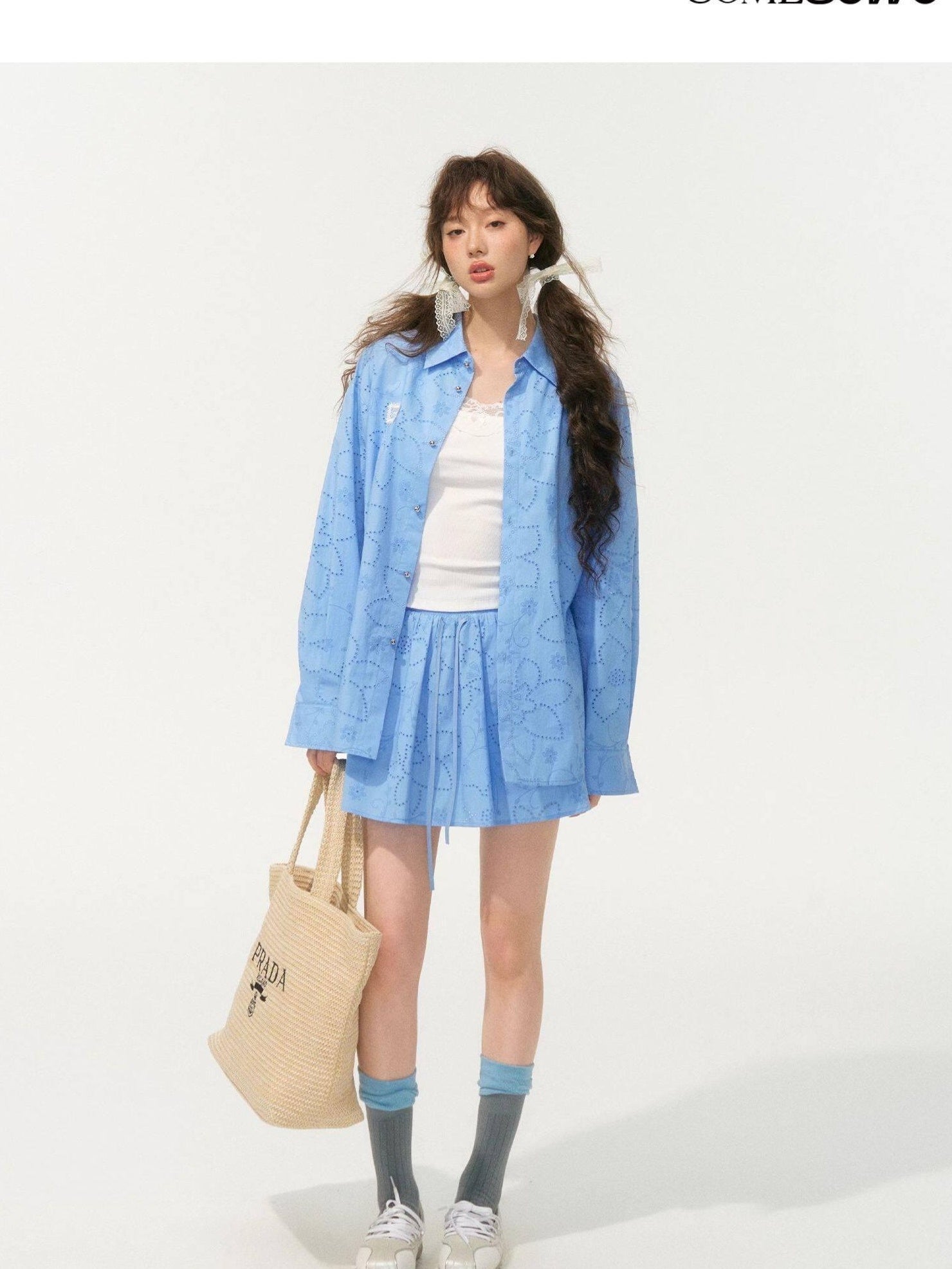 SOMESOWE Floral Cotton Collared Button Long Sleeve Casual Women Top & Skirt Sets