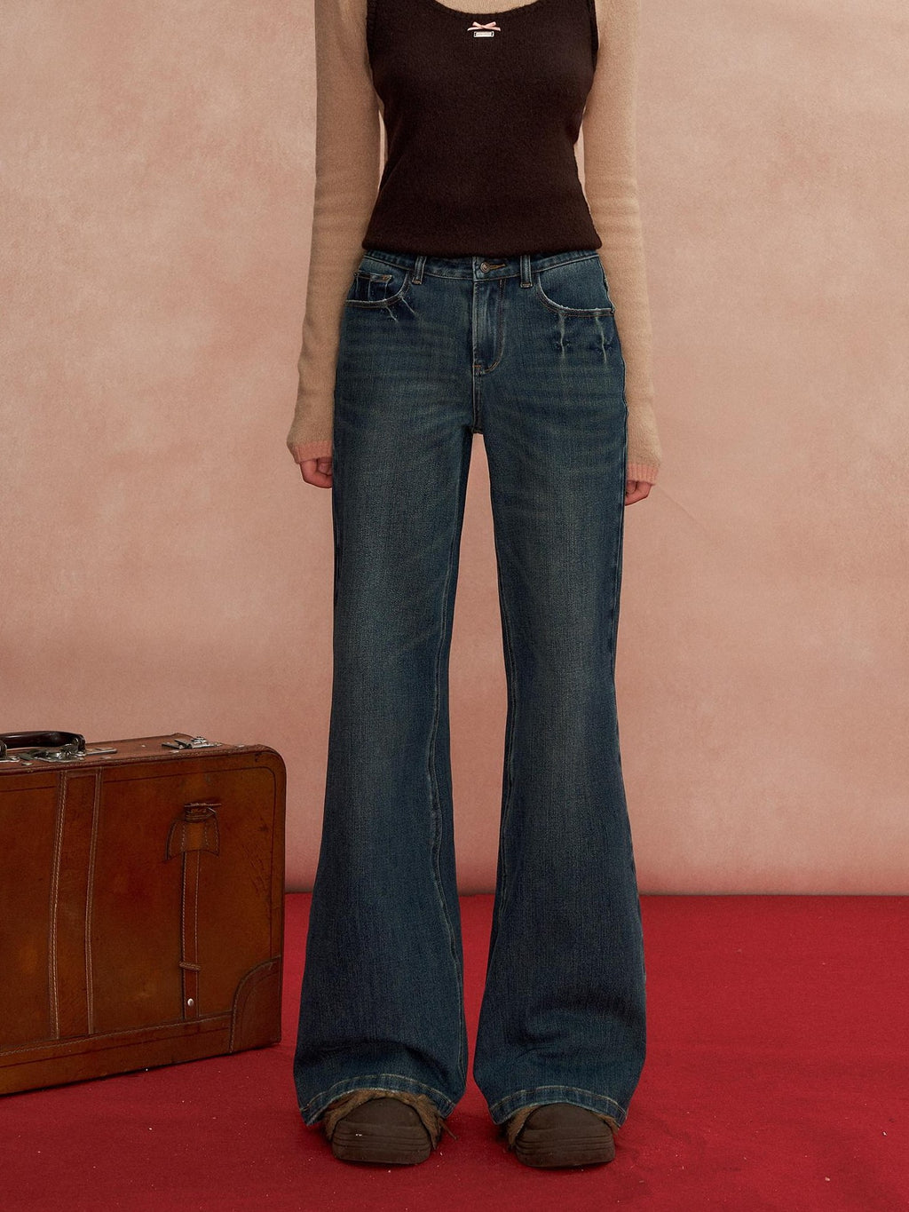 SOMESOWE Pleated High Waist Casual Pockets Slight Flare Stretch Blue Wide Leg Jeans