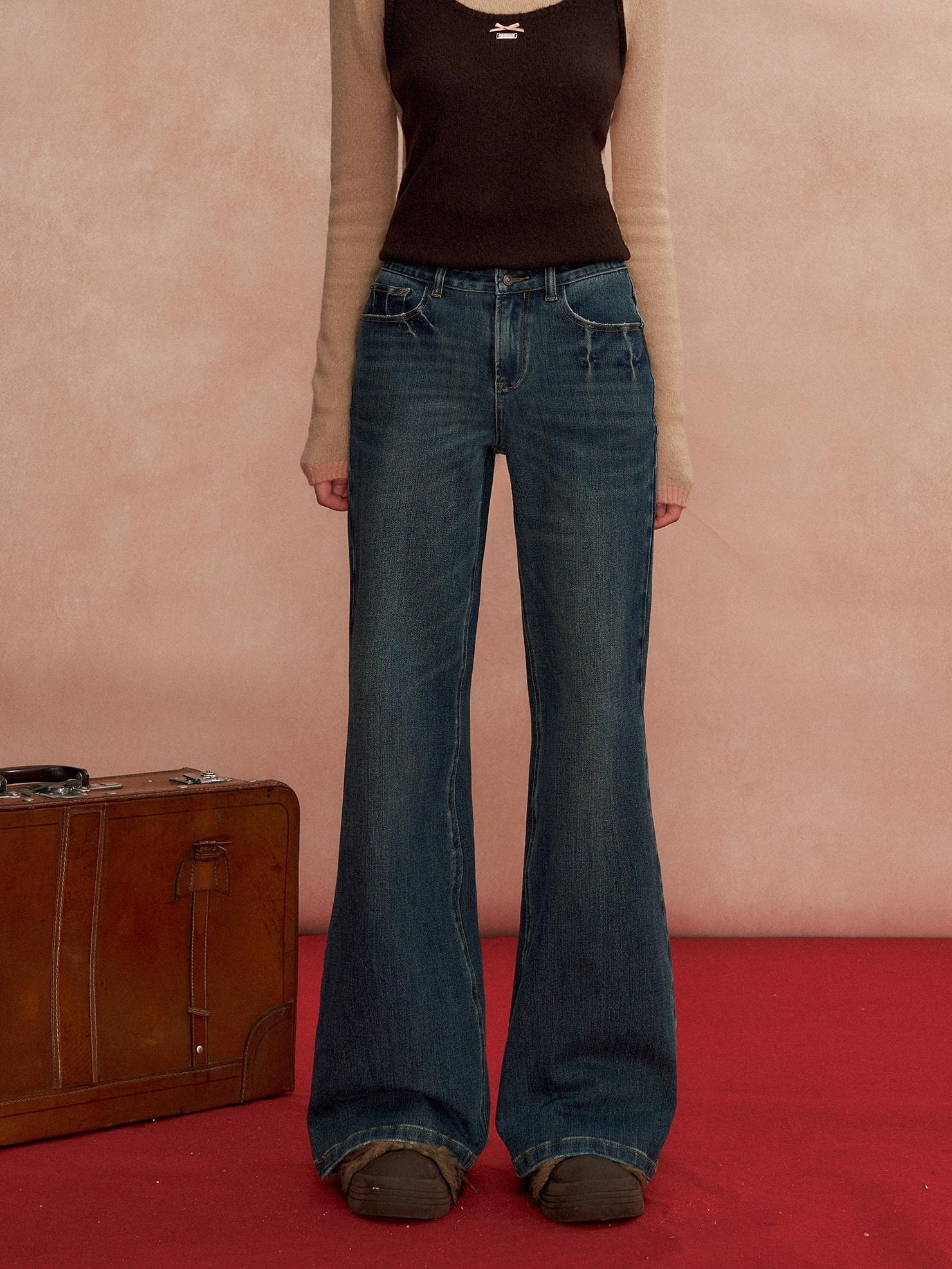 SOMESOWE Pleated High Waist Casual Pockets Slight Flare Stretch Blue Wide Leg Jeans