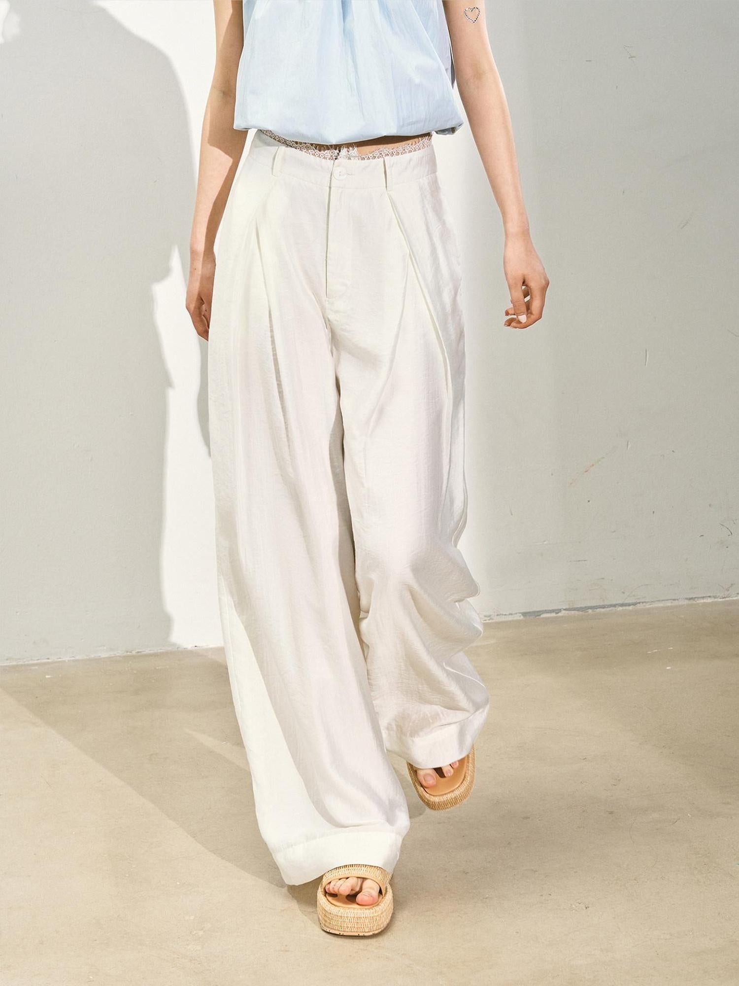 SOMESOWE Pleated Natural Waist Button Fly Women Regenerated Cellulose Straight Pants