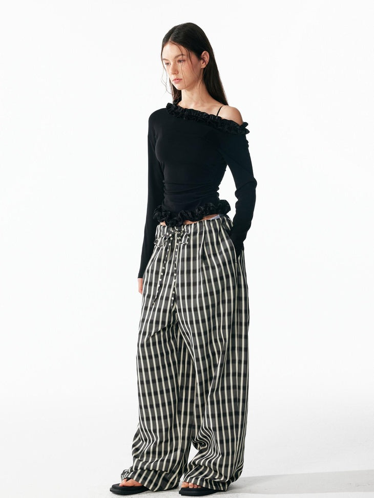 ALINNVSTUDIO Minimalist Loose Fit Square Neck Plaid Pullover Women Top & Pants Sets